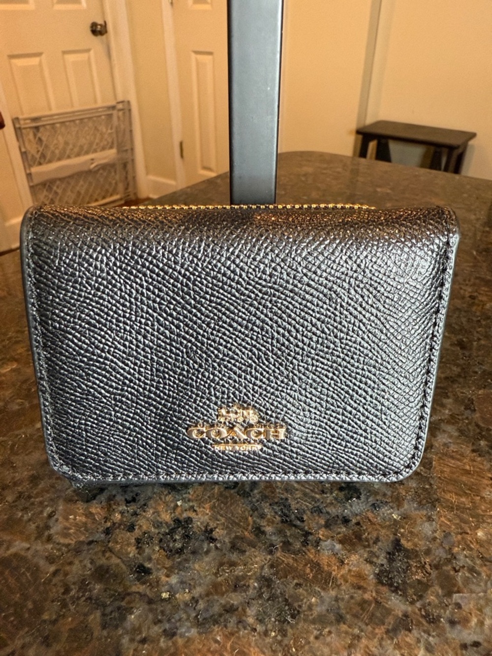 Coach Black Leather Textured Zip Wallet with Gold Logo Accent